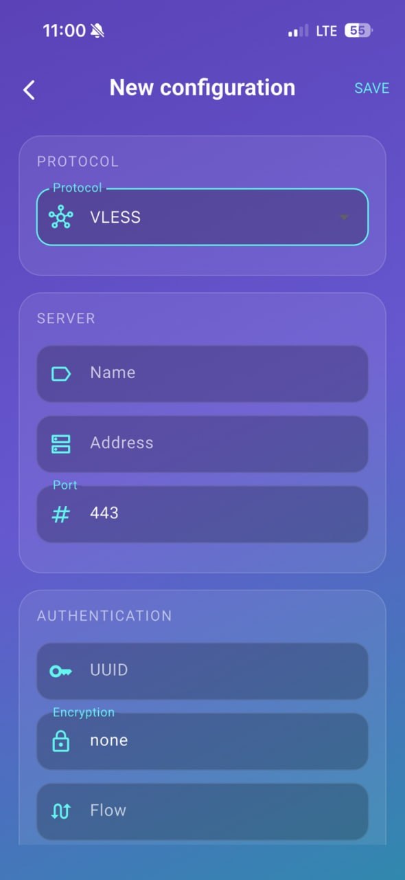 New configuration screen with VLESS settings